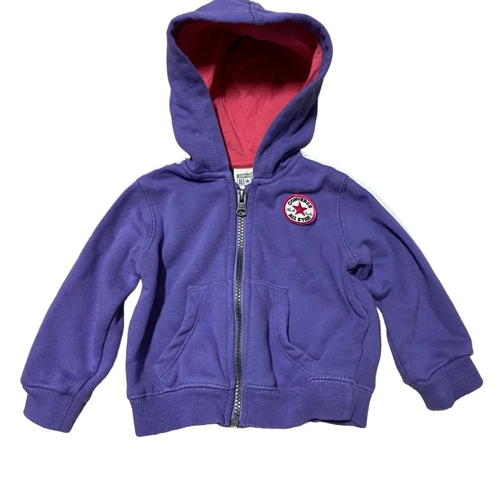 Converse Hoodie Girls 12M Purple Full‎ Zip Athletic Sporty Pink White Striped